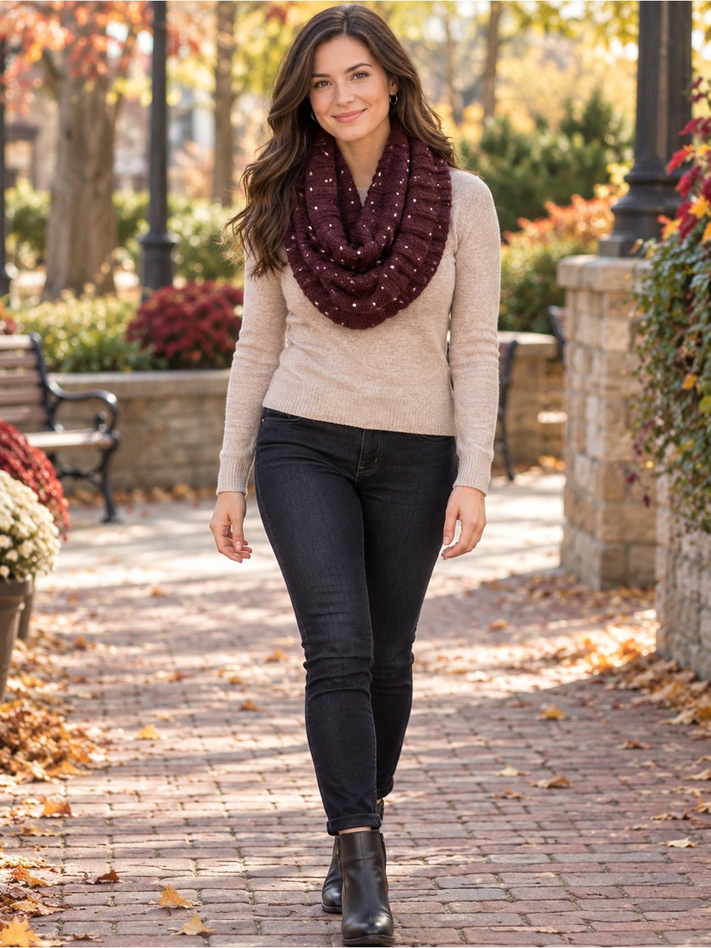 Mossimo Burgundy Studded Knit Infinity Scarf Chunky Ribbed